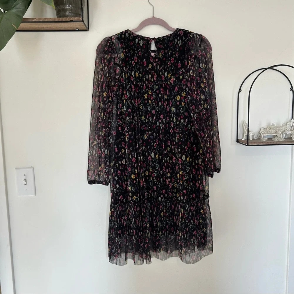 Zara Black Crinkle Rainbow Floral Print Long Sheer Sleeve Youth Dress Size 13/14
